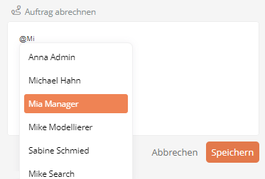 Liste mit auswählbaren Objekten nach dem Start der Erwähnung